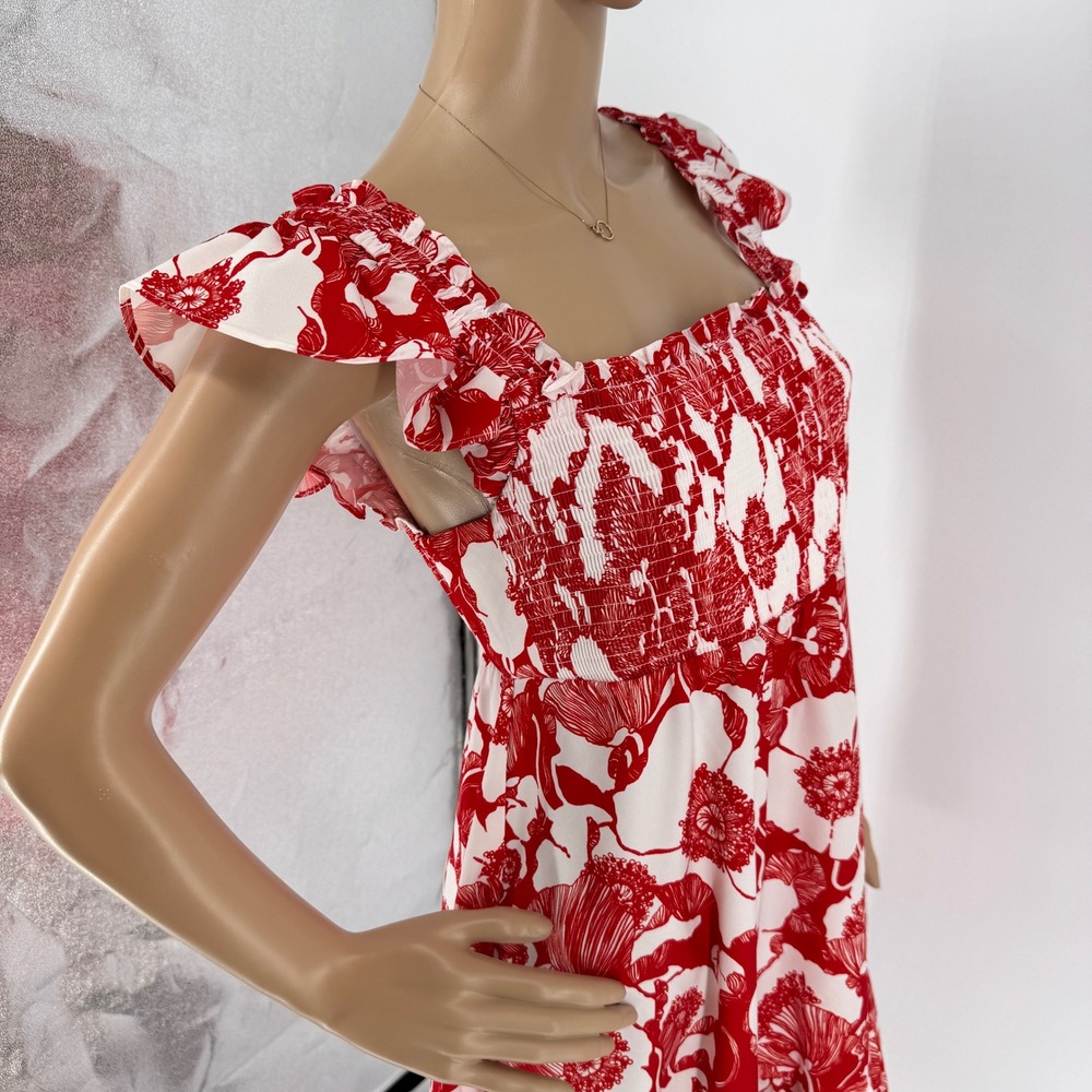 Adrianna Papell Red White Floral Smocked Ruffle Sun Dress Womens Size 6 NEW - Picture 5 of 16